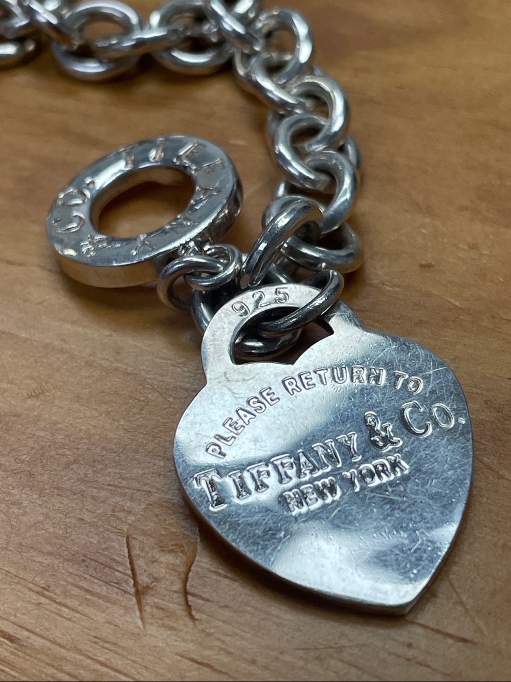 Tiffany & Co Sterling Silver Heart Tag Charm Toggle Clasp Bracelet. 7.5”